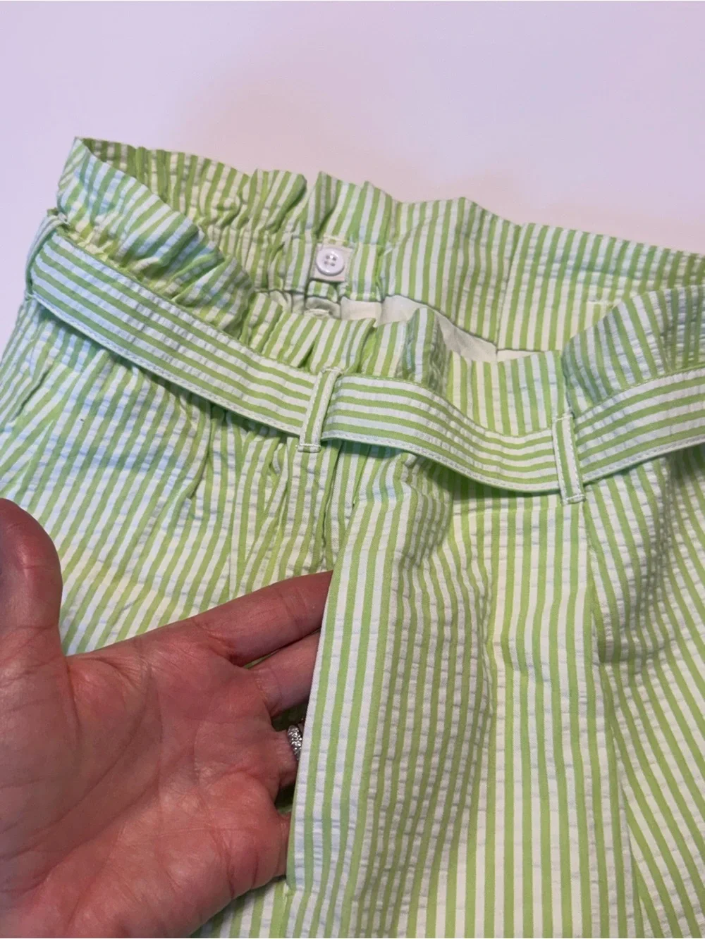 Jacadi Light Green and White Striped Paperbag Waist Shorts with Flower Buckle